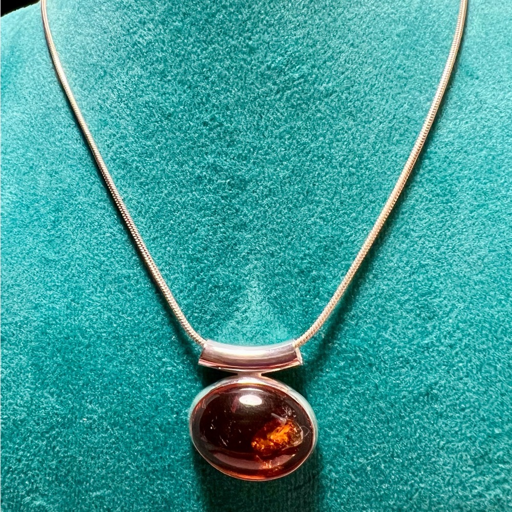 Honey Amber slide necklace, marked Poland 925.